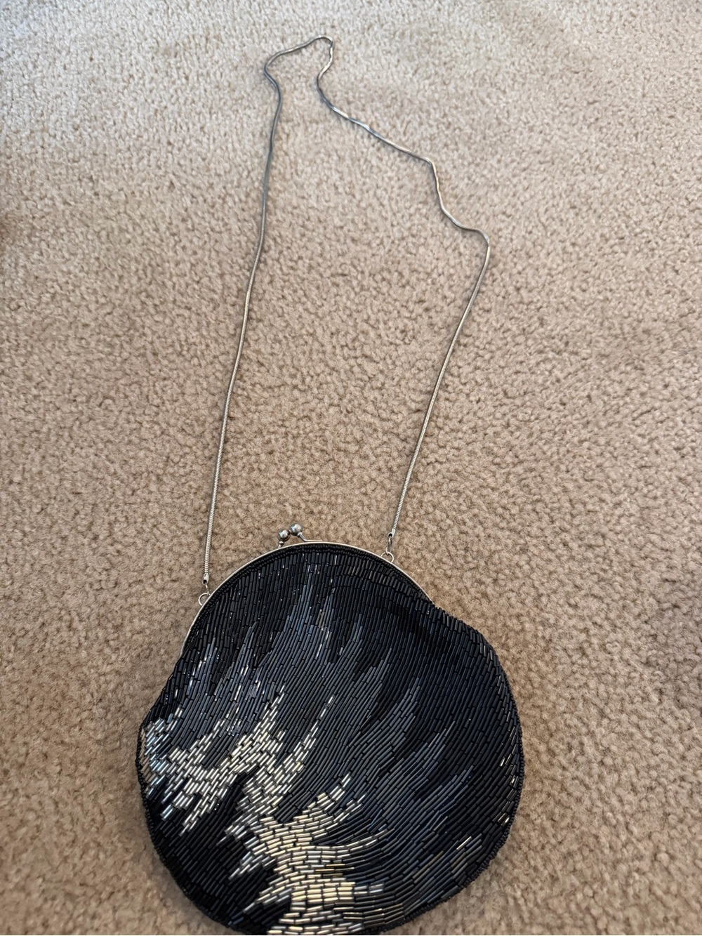 La Regale Black and Silver Beaded Round Shoulder Bag with Chain Strap